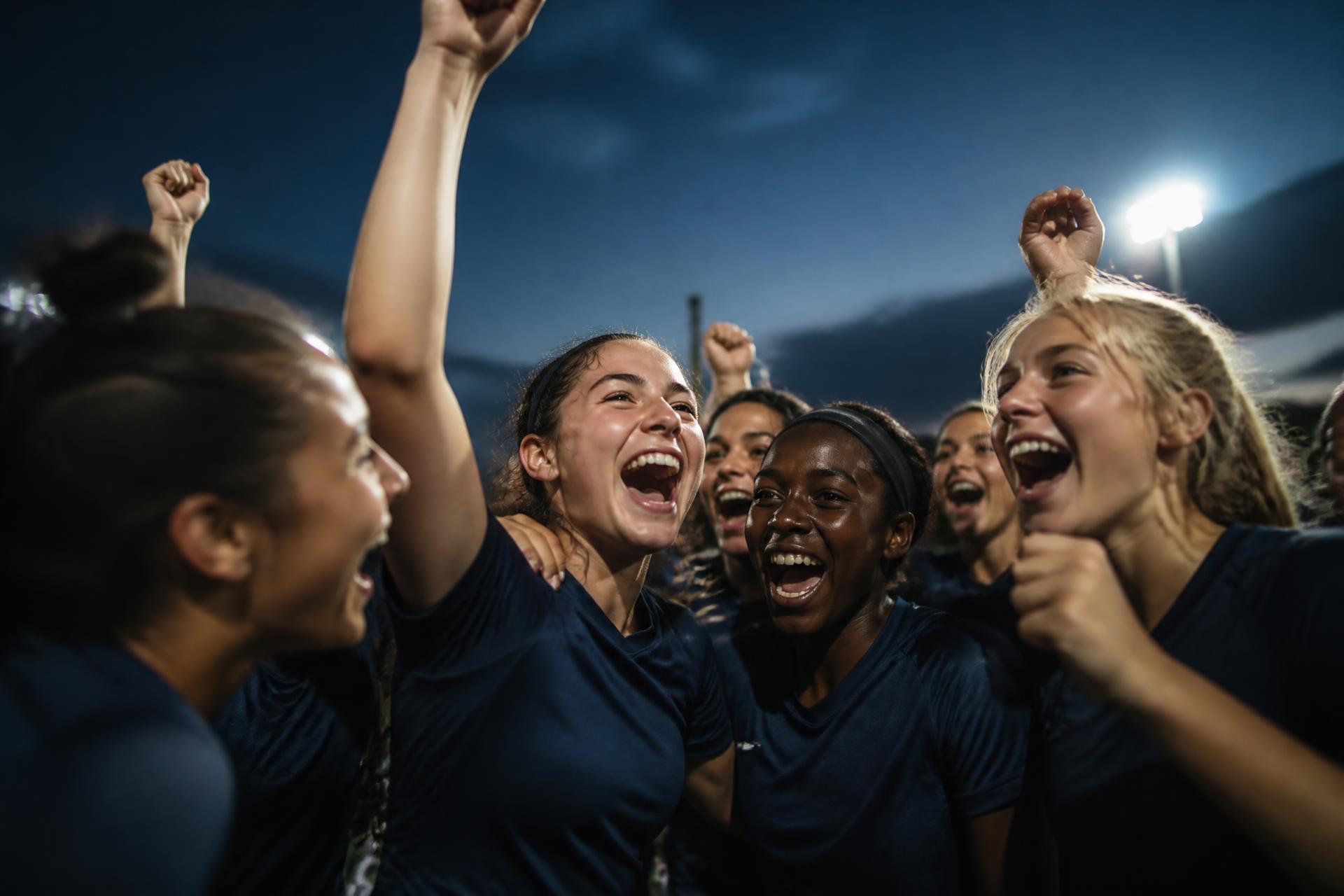 Team of athletes celebrating together on a field